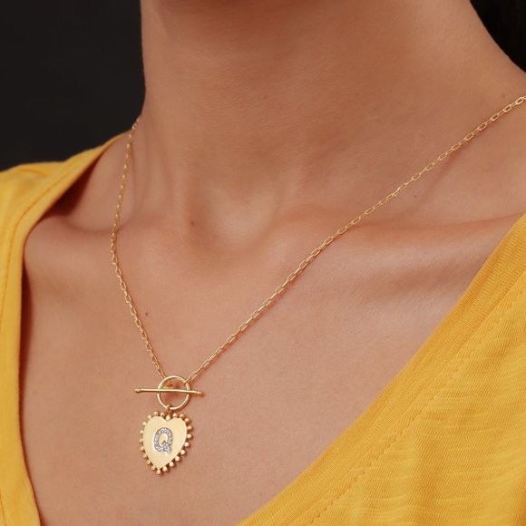Wh Zircon Initial Q Queen Heart Toggle Clasp Necklace in gold over St. Silver - Picture 2 of 5